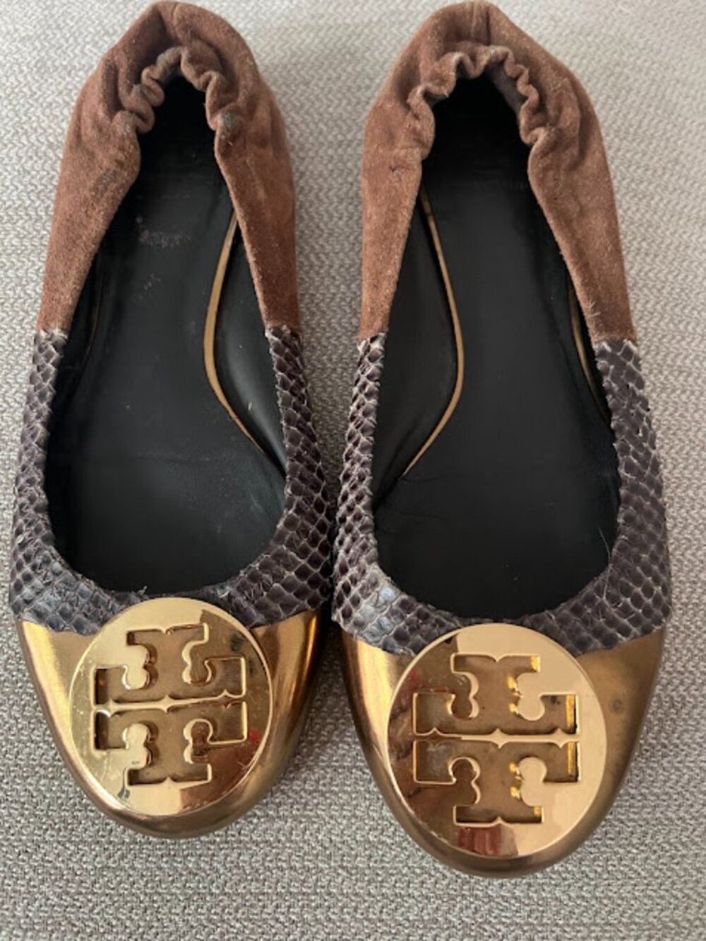 Tory Burch Brown Gold Reva Round Toe Slip On Ballet Flats Shoes Size 9M - Picture 2 of 15